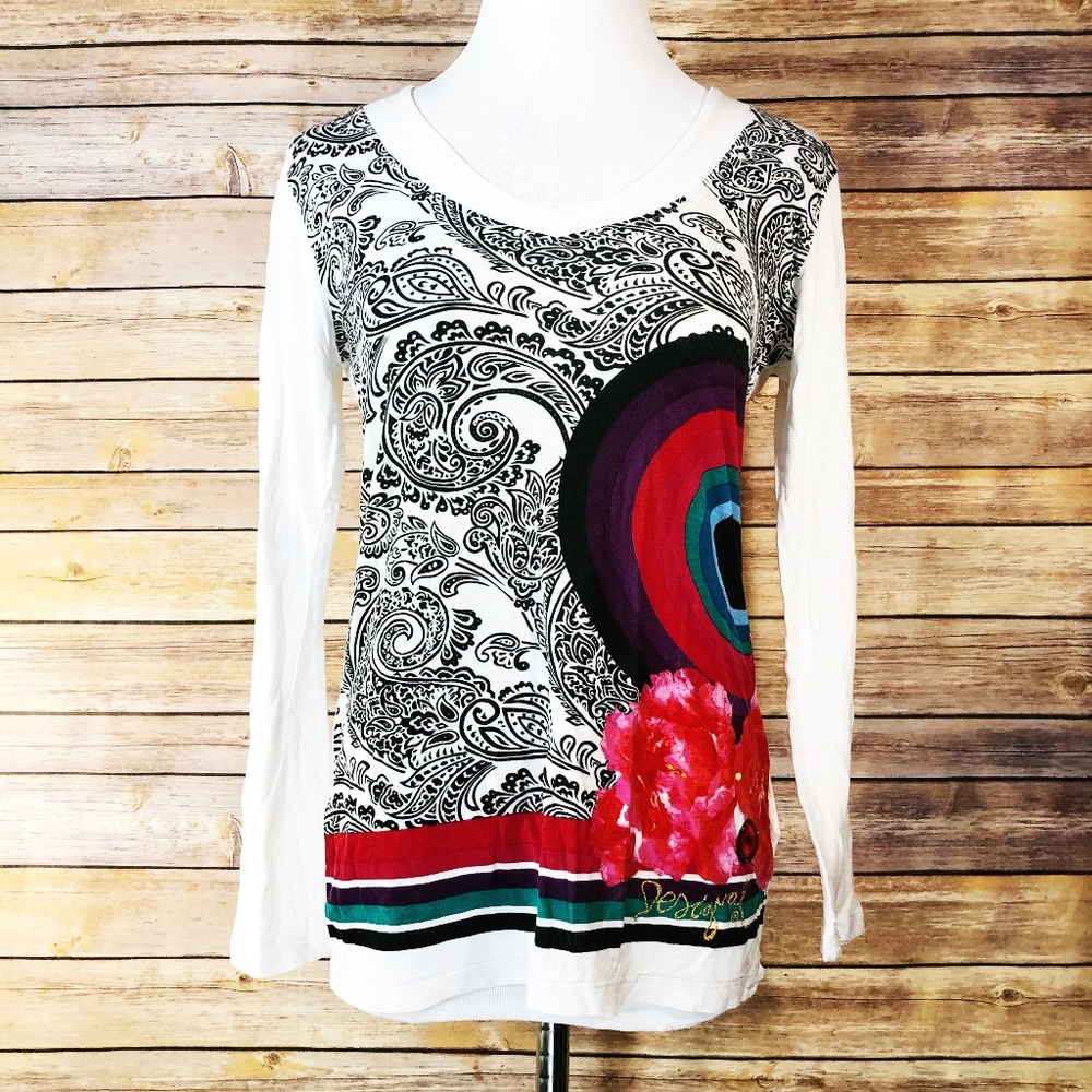 Desigual White Black Red Floral Long Sleeve Top